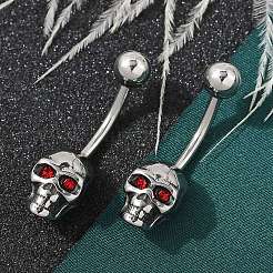 Skull 316 Surgical Stainless Steel Red Cubic Zirconia Belly Button Rings&nbsp;EJEW-G416-34AS