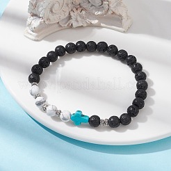 Cross Synthetic Turquoise & Natural Howlite & Lava Rock Beaded Stretch Bracelet&nbsp;BJEW-JB09765-02