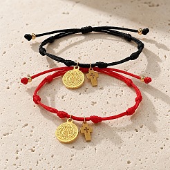 304 Stainless Steel Round Tag Religon Cross Charm Nylon Wax Cord Bracelet Bracelet Sets&nbsp;CJ0678-1