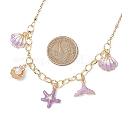 Ocean Alloy Enamel Whale Tail Shell Shape Starfish Pendant Brass Cable Chain and 304 Stainless Steel Satellite Chain Bib Necklaces for Women&nbsp;NJEW-JN05815-03