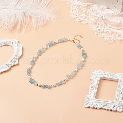 天然アクアマリンチップ＆パールビーズネックレス  女性のためのアクセサリー用原石のアクセサリー  15.35インチ（39cm）&nbsp;NJEW-JN04008-04