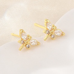 真鍮製 マイクロパヴェ キュービックジルコニア スタッドピアス 女性用  トンボ  カドミウムフリー＆鉛フリー  長持ちメッキ  ラックめっき  18KGP本金メッキ  透明  6.5x9.5mm&nbsp;KK-A305-08G-02