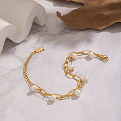 304 Stainless Steel Paperclip Chain & Natural Freshwater Pearl Potato Beads Link Bracelets&nbsp;HP1168