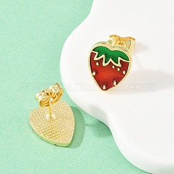 真鍮エナメルスタッドピアス  ラックめっき  カドミウムフリー＆鉛フリー  長持ちメッキ  ゴールドカラー  苺  13x10mm&nbsp;EJEW-B154-06G-04