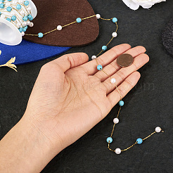 Synthetic Turquoise & Glass Round Bead Link Chains&nbsp;CHS-TA0001-49