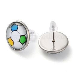 スポーツボールガラス＆304ステンレススチールスタッドピアス（女性用）  ステンレス鋼色  サッカー  15.5mm&nbsp;EJEW-H005-01P-02