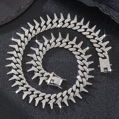男性用真鍮クリスタルラインストーンとげスパイクキューバチェーンネックレス  プラチナ  17.72インチ（45cm）&nbsp;FS-WG31A8F-01
