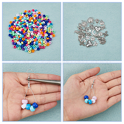 DIYイヤリング作成キット  真鍮製のピアスフックを含む  合金と304ステンレス鋼のワイヤーペンダント  プラスチックバレルビーズ  ペンチ  月と星と花と十字架と貝殻の形  ミックスカラー  865個/箱&nbsp;DIY-FH0006-43