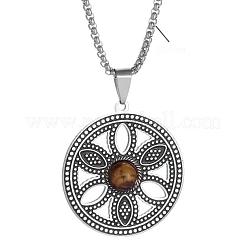 201 Stainless Steel Natural Tiger Eye Flower of Life Pendant Necklaces for Women&nbsp;WG7C937-01