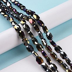 多面的な電気めっきの不透明なガラス ビーズ 連売り  ABカラーメッキ  オーバル  ブラック  10.5x8x5mm  穴：1.5mm  約58~60個/連  25.59インチ（65cm）&nbsp;GLAA-G092-B05