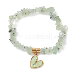 Valentine's Day Theme Alloy and Acrylic Natural Rainbow Moonstone/ Lemon Jade/Prehnite/ Rose Quartz/Sunstone Chip Gemstone Stretch Bracelet with Heart Charm&nbsp;BJEW-JB09579