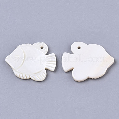 天然淡水シェルのペンダント  刻まれた  魚  ホワイト  23x27~28x3mm  穴：1.6mm&nbsp;SHEL-R048-05