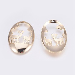 真鍮チャーム  長持ちメッキ  クリスマスのトナカイとオーバル  ニッケルフリー  18KGP本金メッキ  45x30x4.8mm  穴：1.8mm&nbsp;KK-I622-03G-NF