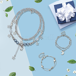 星と月の合金ペンダントネックレスとマルチ連ブレスレット  真鍮と樹脂の留め具付き  プラチナ  20.04インチ（50.9cm）  1セット&nbsp;SJEW-SC0001-04