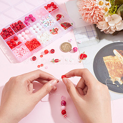 バレンタインデーのDIYジュエリー作りキット  ポリマークレイディスク、アクリル、樹脂ビーズを含む  合金エナメルチャーム  ハート＆ローズ＆リップ＆スマイルフェイス  レッド  524個/箱&nbsp;DIY-AR0003-38