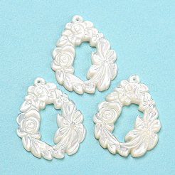 天然海ホワイトシェルペンダント  ティアドロップリースチャーム  ホワイト  33x25.5x2.6~3mm  穴：1.2mm&nbsp;SHEL-D079-03