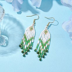 編み込みシードビーズと天然フクサイトのタッセルイヤリング  女性用304ステンレススチールダングルイヤリング  70x15mm&nbsp;EJEW-MZ00154-02