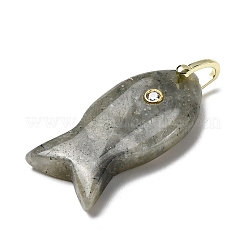 天然石ラブラドライトペンダント  真鍮マイクロパヴェキュービックジルコニアの留め具が付いた魚のチャーム  ゴールドカラー  ラックめっき  39~40.5x19.5~20.5x9.5~10.5mm  穴：4.5x5mm&nbsp;KK-D021-05H-G