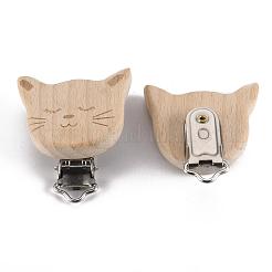 ブナの木の子猫の赤ちゃんのおしゃぶりホルダークリップ  鉄のクリップ付き  猫の頭  プラチナ  バリーウッド  47~49x43~44.5x17~18mm  穴：3.5x6mm&nbsp;WOOD-T015-25