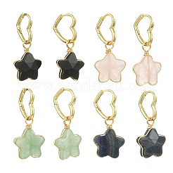 真鍮、天然の緑/青のアベンチュリン、水晶、ローズクォーツ、黒曜石を使用したフープピアス  スター  ゴールドカラー  32x15mm&nbsp;EJEW-JE07236