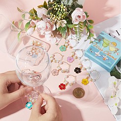 合金エナメルワイングラスチャーム  真鍮のフープピアスとガラスパールと合金のビーズ付き  さくらの花  ミックスカラー  53mm  12色  1pc /カラー  12個/セット&nbsp;AJEW-SC0002-13