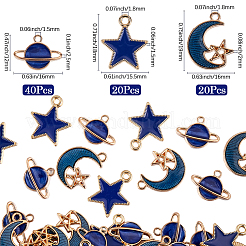 80個3スタイルアロイエナメルペンダント  ライトゴールド  月と星と惑星のチャーム  ブルー  12~19x15.5~16x1.5~2.5mm  穴：1.5~1.8mm&nbsp;ENAM-SC0006-30
