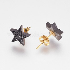 電気メッキ天然石ドゥルージー瑪瑙スタンドピアス  真鍮パーツ  スター  黒メッキ  10x11x3mm  ピン：0.8mm&nbsp;EJEW-F156-01A