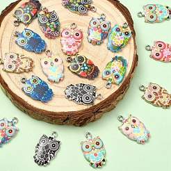 20個10スタイルアロイエナメルペンダント  フクロウ  プラチナ  ミックスカラー  23~23.5x13x2~2.5mm  穴：1.6mm  2個/スタイル&nbsp;ENAM-YW0006-95