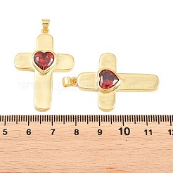 真鍮製ガラスチャーム  ハートチャーム付きクロス  カドミウムフリー＆鉛フリー  長持ちメッキ  ラックめっき  18KGP本金メッキ  レッド  38x26x5mm  穴：3x4mm&nbsp;KK-P353-12G-03
