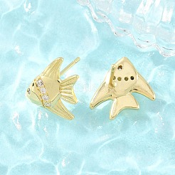 真鍮製マイクロパヴェキュービックジルコニアスタッドピアス  魚  鉛フリー＆カドミウムフリー  長持ちメッキ  ラックめっき  18KGP本金メッキ  14x13.5mm&nbsp;EJEW-G471-27G