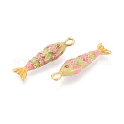 304ステンレススチールエナメルペンダント  魚のチャーム  ラインストーン付き  イオンプレーティング（ip）  18KGP本金メッキ  パールピンク  30x7.5x5mm  穴：3x1.8mm&nbsp;STAS-N124-26A-01G