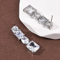 長方形の真鍮製マイクロパヴェキュービックジルコニアダングルスタッドピアス  ラックめっき  長持ちメッキ  カドミウムフリー＆鉛フリー  プラチナ  32.5x8.5mm&nbsp;EJEW-C174-06P