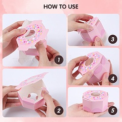 六角ドーナツ厚紙箱  PVCウィンドウ付き  キャンディー＆クッキーパッケージ用品  ピンク  7.9x7.9x4cm&nbsp;CON-WH0019-18A