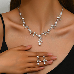 Leaf Brass Crystal Rhinestone & Plastic Pearl Pendant Necklaces & Stud Dangle Earrings Sets&nbsp;FS-WGAF044-02