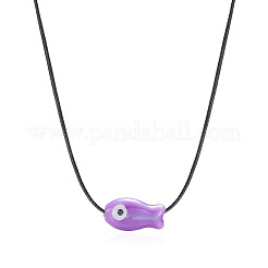 魚の磁器ペンダント、黒のワックスコードネックレス  ミディアム蘭  15.75~23.62インチ（40~60cm）&nbsp;FS-WG7FFA4-01