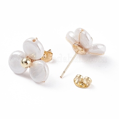 女性用真鍮ピン付きシェルパールフラワースタッドピアス  ホワイト  16.5x16mm  ピン：0.7mm&nbsp;EJEW-JE04829