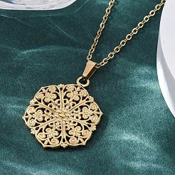 六角形の花 304 ステンレス ペンダント ネックレス  イオンプレーティング（ip）  18KGP本金メッキ  17.91インチ（45.5cm）&nbsp;NJEW-M096-36G