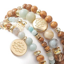 Natural Flower Amazonite & Picture Jasper Beaded Stretch Bracelets Sets with Non-Magnetic Synthetic Hematite&nbsp;BJEW-JB09280