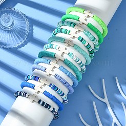 12個 12色ポリマー粘土ディスクビーズストレッチブレスレットセット  女性用クロス合成ターコイズスタッカブルブレスレット  ミックスカラー  内径：2-1/4~2-3/8インチ（5.6~5.9cm）  1pc /カラー&nbsp;BJEW-JB10736