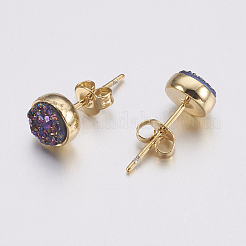 ドゥルージーレジンスタッドピアス  真鍮パーツ  フラットラウンド  ゴールドカラー  ダークスレートブルー  7x3mm  ピン：0.7mm&nbsp;EJEW-F149C-04