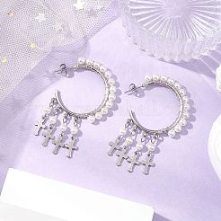 Cross Shell Pearl Dangle Stud Earrings&nbsp;EJEW-JE06185-02