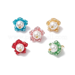 シリンダーシードビーズフラワーペンダント  丸い貝パールビーズと金色の真鍮ループ付き  ミックスカラー  15x10~11mm  穴：2mm&nbsp;PALLOY-MZ00705