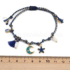 304ステンレススチールエナメルチャームブレスレット  女性用コットンコード編みブレスレット  太陽と星  ガラスと貝殻付き  イオンプレーティング（ip）  18KGP本金メッキ  内径：1~3インチ（2.5~7.7cm）&nbsp;BJEW-C114-14G