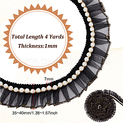 プラスチックビーズ付きシフォンプリーツレースリボン  ブラック  1-3/4インチ（45mm）  4ヤード&nbsp;OCOR-WH0078-62