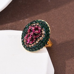Brass & Polymer Clay Rhinestones & Natural Garnet Cuff Rings&nbsp;RJEW-G365-01G