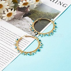 ラウンドエナメルナザールボンジュウ真鍮フープピアス  カーブチェーン＆ビーズ付き  304ステンレススチール製イヤーピン  リング  ゴールドカラー  55x53mm  ピン：0.7mm&nbsp;EJEW-JE04570
