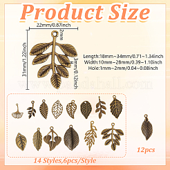 96pcs16スタイルチベットスタイルアロイペンダント  葉  ミックスカラー  18~34x10~28mm  穴：1~2mm  6個/スタイル&nbsp;FIND-GA0008-25