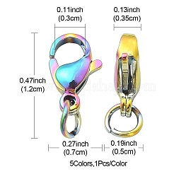 5個5色304ステンレススチールロブスタークロウクラスプ  丸カン付き  ミックスカラー  12x7x3.5mm  穴：3mm  丸カン：5x0.6ミリ  1pc /カラー&nbsp;STAS-YW0001-53