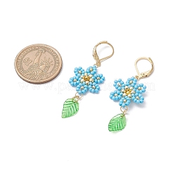 304 ステンレススチール製フラワーとリーフのフレンチフックピアス  ガラスシードビーズ、ナイロンワイヤー、アクリルチャーム付き  ゴールドカラー  ライトスカイブルー  56x18mm&nbsp;EJEW-MZ00456-05