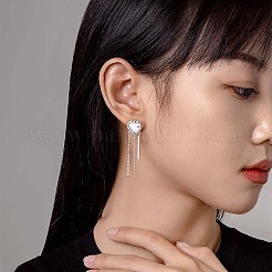 クリスタル ラインストーン ハート タッセル ダングル スタッド イヤリング  女性用真鍮ドロップピアス  プラチナ  48x12.6mm  ピン：0.9mm&nbsp;JE1029A